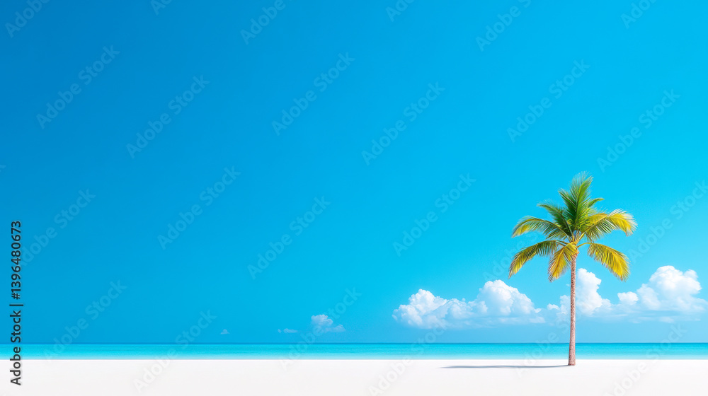 Fototapeta premium A serene tropical beach scene with a single palm tree against a vibrant blue sky and calm turquoise waters.