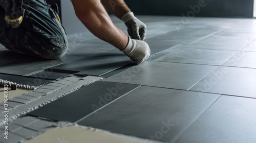 A tile setter installing ceramic tiles on a kitchen floor. Featuring precision and technique © aubriella