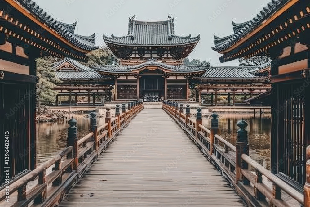 Fototapeta premium Historic Asian architecture with a wooden bridge and serene waterway.