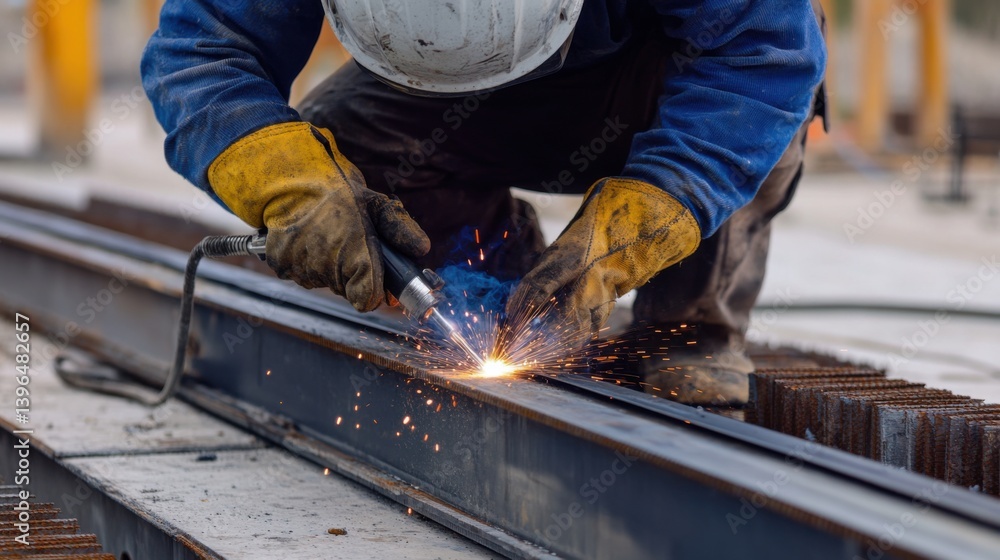 A welder attaching metal parts for a construction project. Featuring precision and skill A welder attaching metal parts for a construction project. Featuring precision and skill