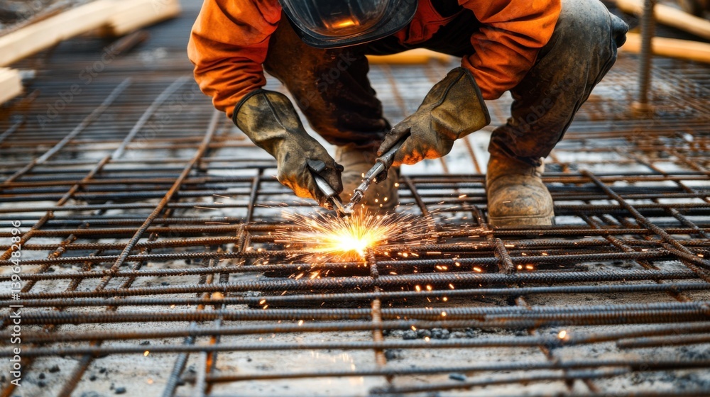 A welder cutting metal at a construction site. Featuring skill and focus
