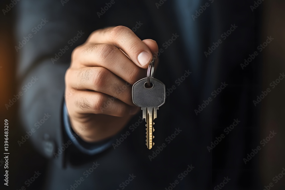 Close-up of hand holding key, real estate, home ownership, security concept