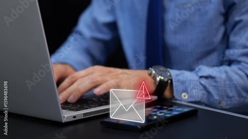 Businessman receives alert warning message via email on smartphone, illustrating phishing attack concept. 3D graphic animation
