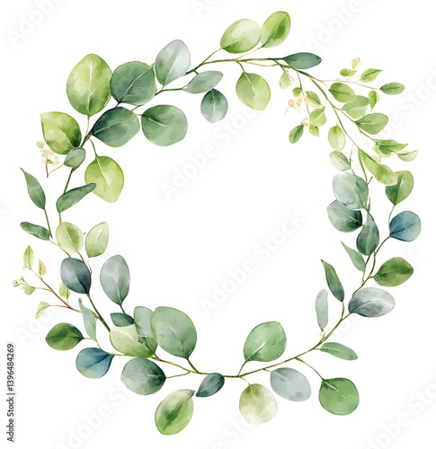 Wallpaper Mural Watercolor green wreath with eucalyptus leaves and wildflowers, circular frame on transparent background clipart. Torontodigital.ca