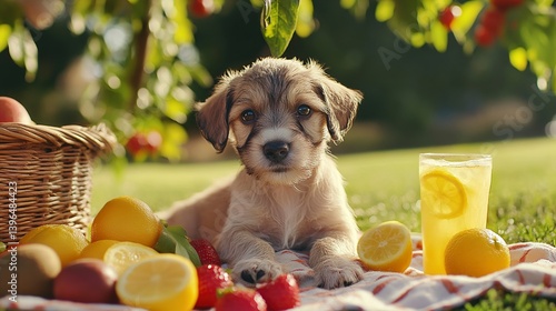 Adorable Puppy Posing Amidst a Summer Picnic of Fresh Fruit and Lemonade