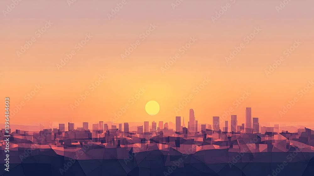 Fototapeta premium A geometric cityscape at sunset, rendered in muted colors.
