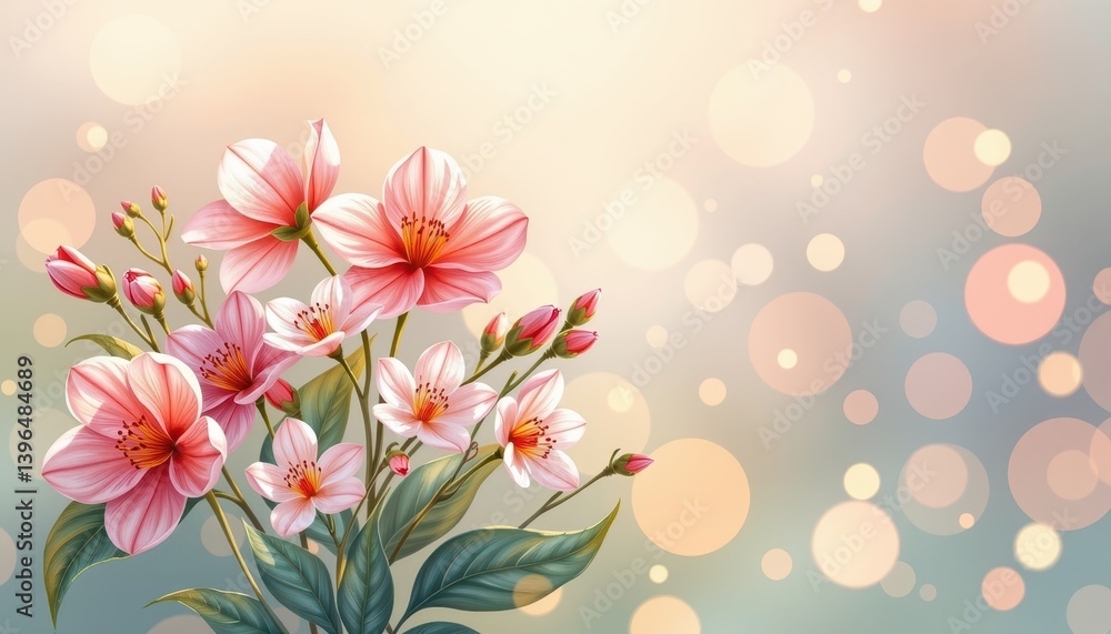 Delicate Pink Flowers Blossom on Soft Bokeh Background Romantic Floral Illustration for Spring Designs Delicate Pink Flowers Blossom on Soft Bokeh Background Romantic Floral Illustration for Spring Designs