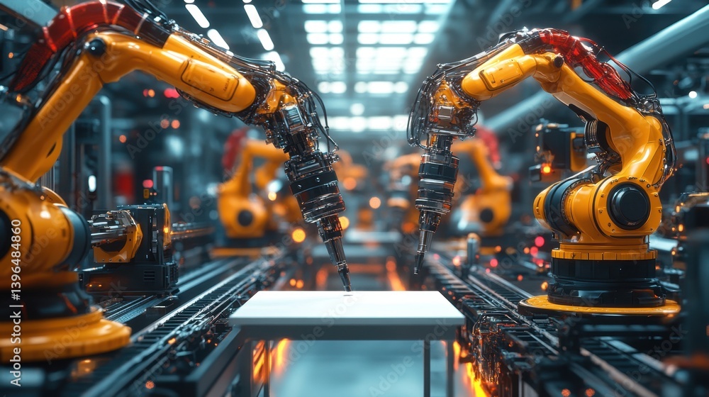 Automated robotic arms work on a production line, illuminated by vibrant orange and blue lights in a futuristic factory setting Automated robotic arms work on a production line, illuminated by vibrant orange and blue lights in a futuristic factory setting
