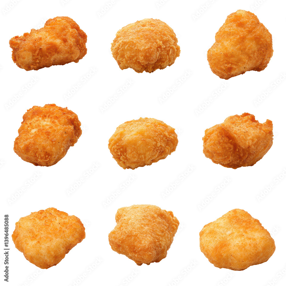 Assorted golden fried chicken nuggets on white background Assorted golden fried chicken nuggets on white background