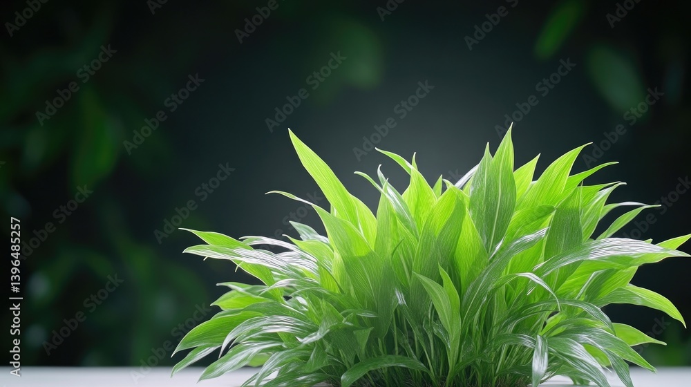 Lush green leaves cluster against a dark backdrop. A vibrant clump of foliage, highlighted by soft light, sits in sharp focus against a blurred, dark background of greenery Lush green leaves cluster against a dark backdrop. A vibrant clump of foliage, highlighted by soft light, sits in sharp focus against a blurred, dark background of greenery