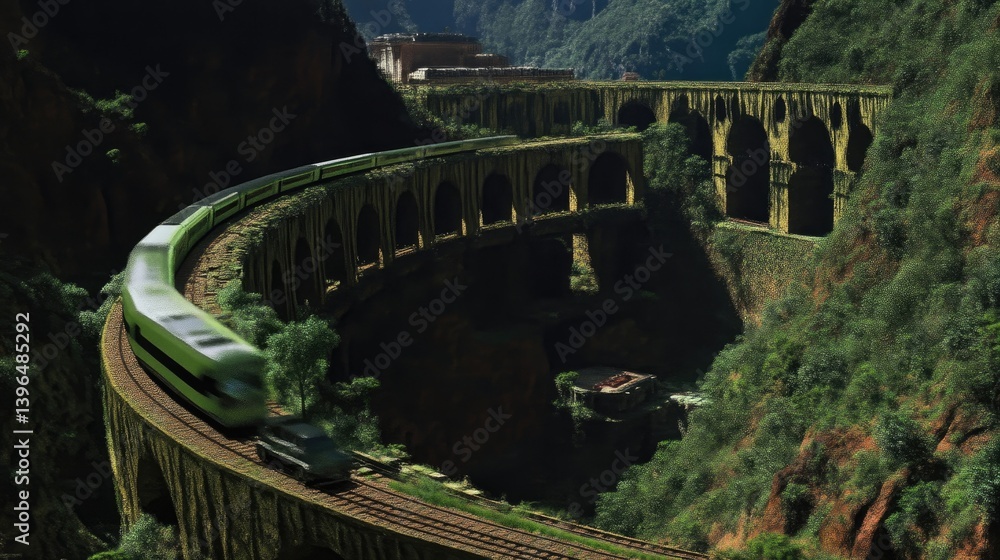 Naklejka premium Scenic train journey through a mountain valley, with an arched stone bridge. Lush greenery surrounds the tracks