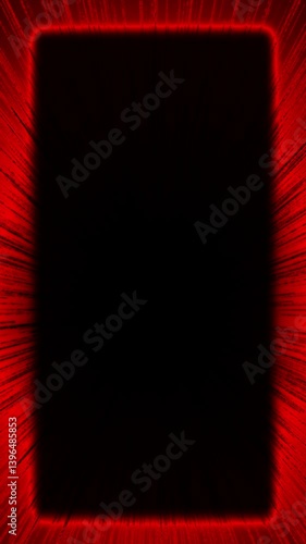 The red rays radiate in different directions from the black rectangle. Abstract vertical animated background with free space in the middle.