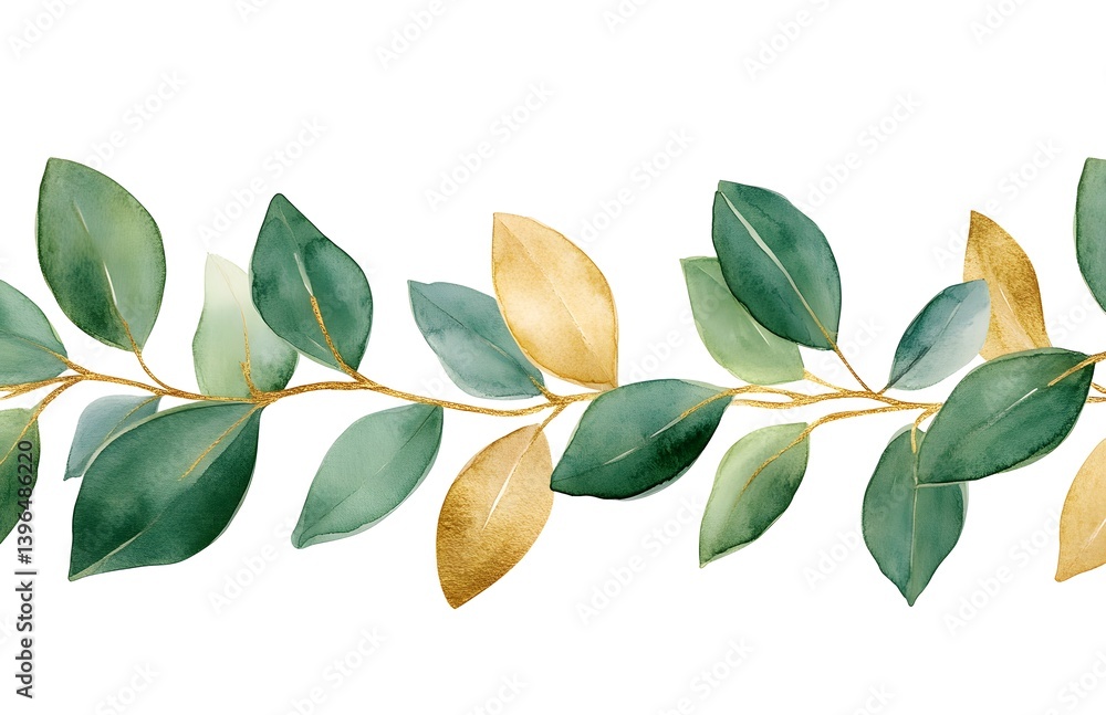 Obraz premium Watercolor sage green and gold leaf garland, white background clipart