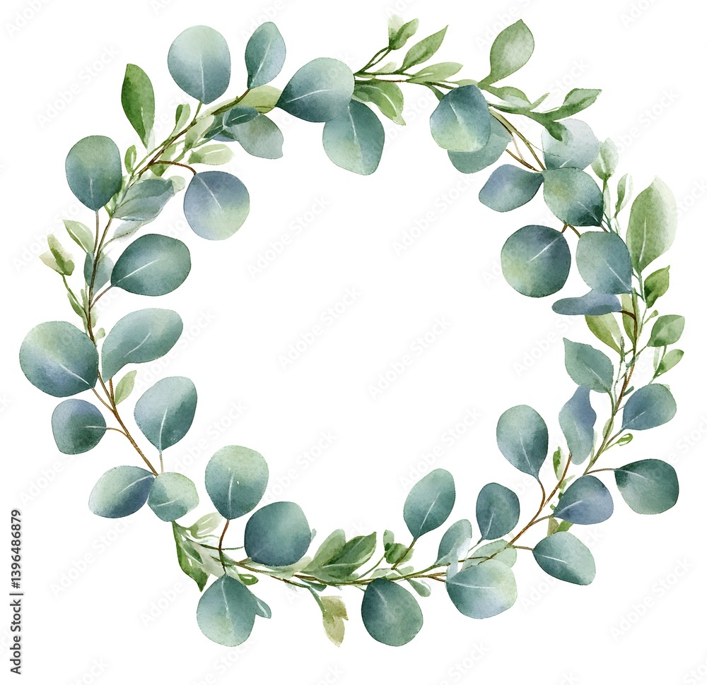 Obraz premium Watercolor silver eucalyptus wreath, simple clipart, tender green colors on a white background, clean edges and smooth lines, 