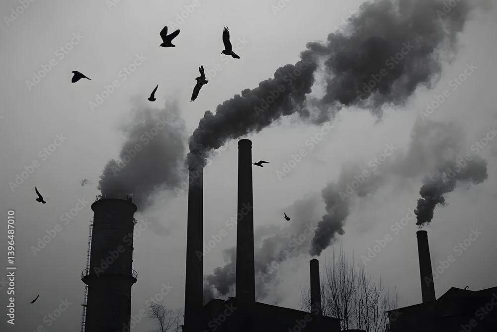Birds Fly Amidst Factory Smog, Dark Sky