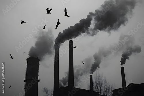 Obraz na płótnie Birds Fly Amidst Factory Smog, Dark Sky w salonie