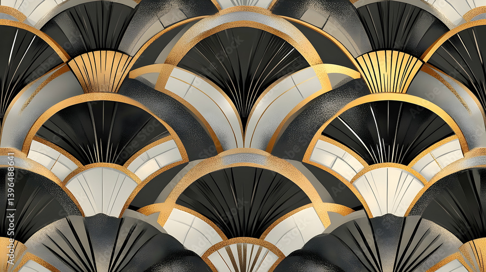 A striking art deco pattern of overlapping black, white, and gold fan-like shapes. A striking art deco pattern of overlapping black, white, and gold fan-like shapes.