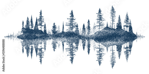 Forest reflected in the lake, vector sketch, imitation of a pencil drawing