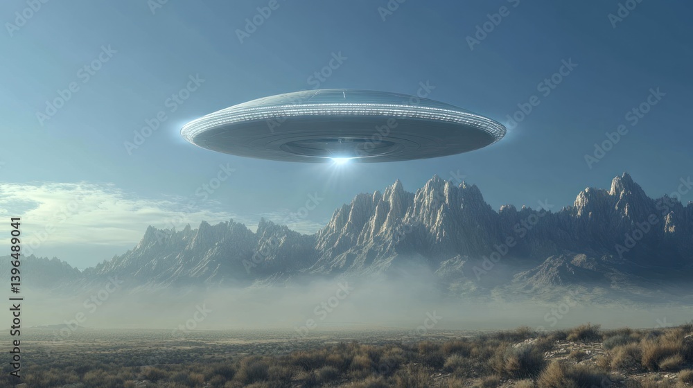 Fototapeta premium Unidentified flying object hovering above arid landscape with majestic mountains