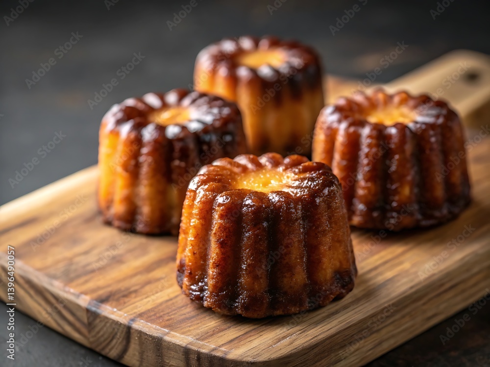 Delicious Canelé pastries on a wooden board Delicious Canelé pastries on a wooden board