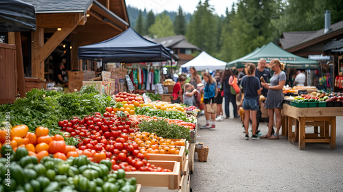 A bustling farmers market in a mountain village, filled with colorful fresh produce and happy shoppers. Vibrant Farmers Market in Mountain Village