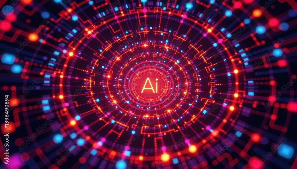 Abstract AI Technology Background Red and Blue Digital Circuitry Tunnel