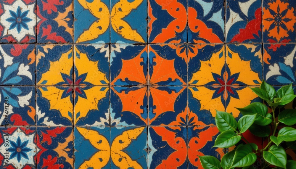 Geometric Tile Patterns An artistic design of geometric tiles in bold colors, complemented by green foliage to add depth and contrast. Geometric Tile Patterns An artistic design of geometric tiles in bold colors, complemented by green foliage to add depth and contrast.