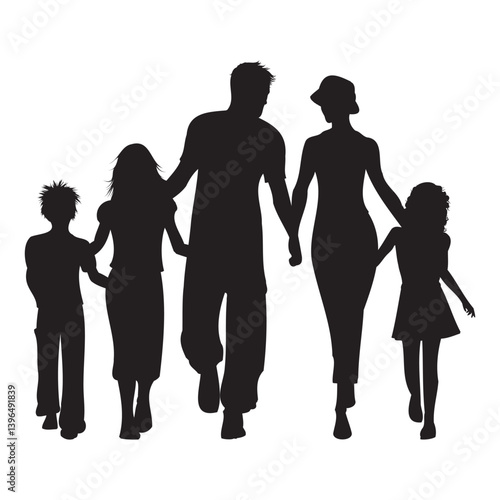 Silhouette of a Family Holding Hands and Walking Happily Joyful Vector Illustration