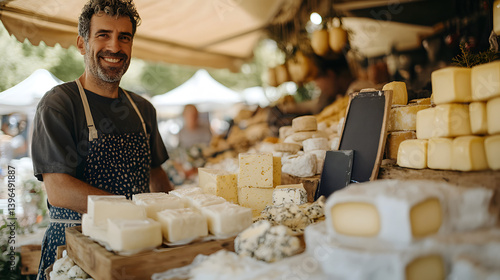 A happy cheese monger stands proudly behind his display of various cheeses at a bustling farmer's market. Smiling Cheese monger at a Farmer's Market