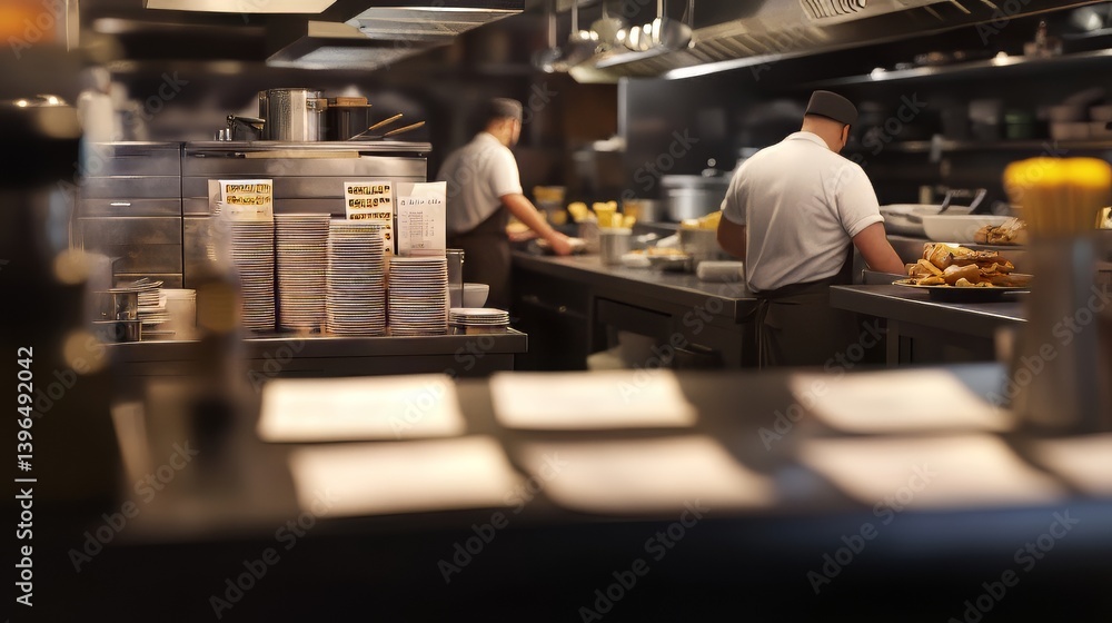 Busy restaurant kitchen with chefs, cooking, and ready-to-serve food on a counter. Busy restaurant kitchen with chefs, cooking, and ready-to-serve food on a counter.