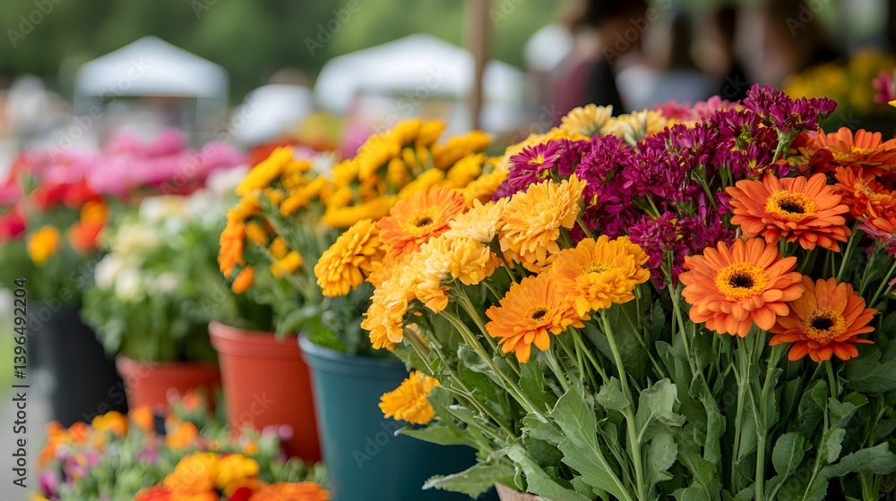 Fototapeta premium Close-up view of a beautiful flower display at a market. Showcases gerbera daisies, chrysanthemums, and other vibrant blooms in various colors. Vibrant Blooms A Colorful Array of Flowers in Full Bloom