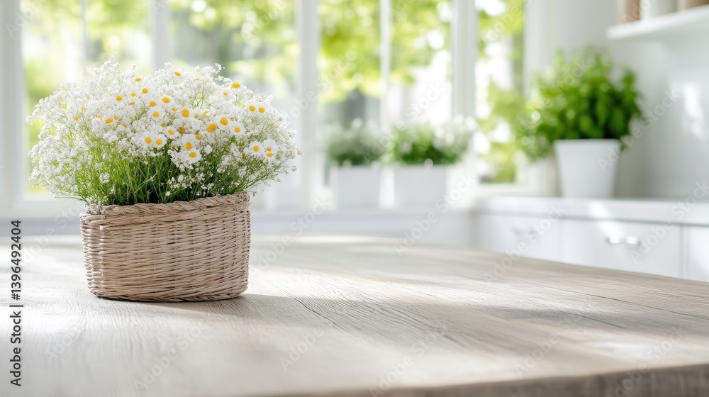 Rustic, white flowers on a light wooden table in a bright kitchen Rustic, white flowers on a light wooden table in a bright kitchen