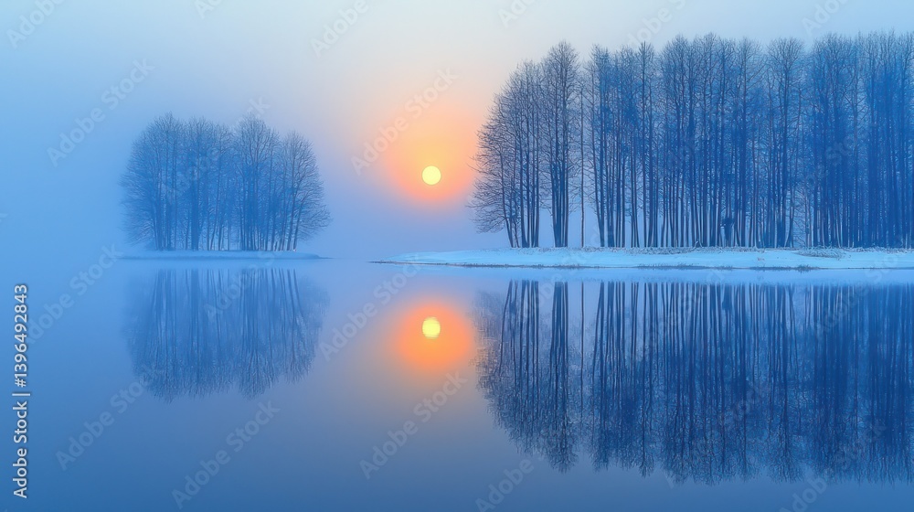 Fototapeta premium Sunrise over serene lake, trees mirrored in the water, hazy blue morning light