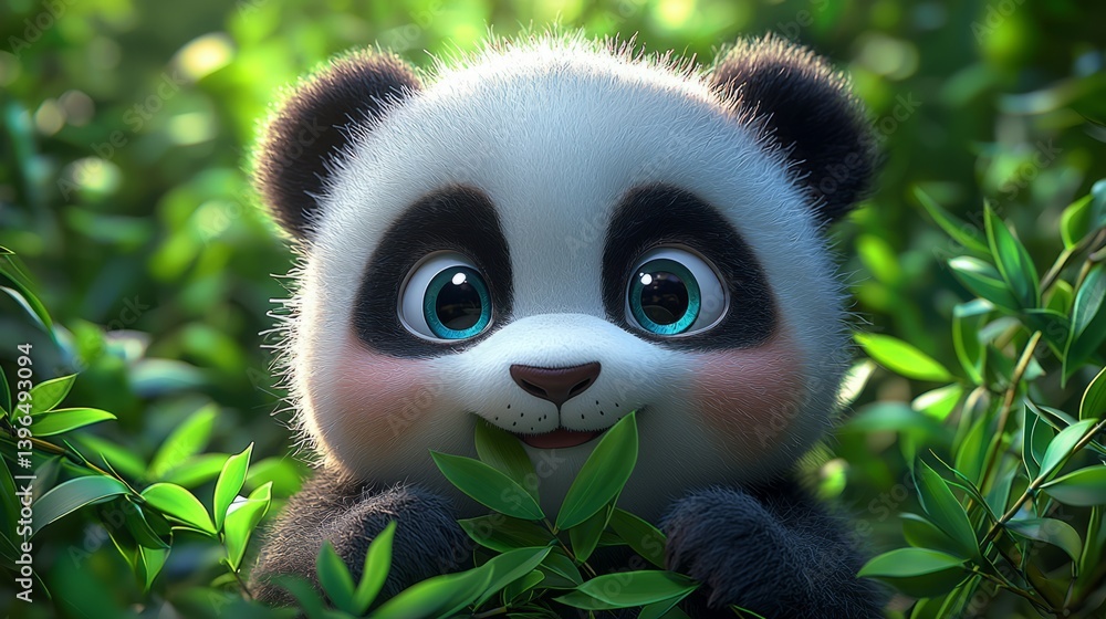 Fototapeta premium Adorable Panda Cub Amidst Lush Greenery