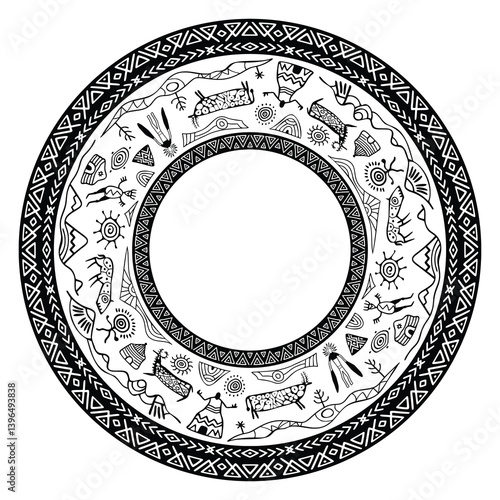 Vector round ethnic element, circular petroglyphs and geometric pattern, rock paintings, naive art, vector design