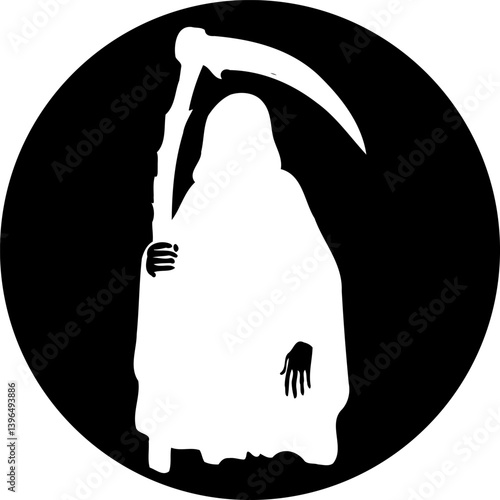 Silhouette of a grim reaper figure in black and white circle imagery