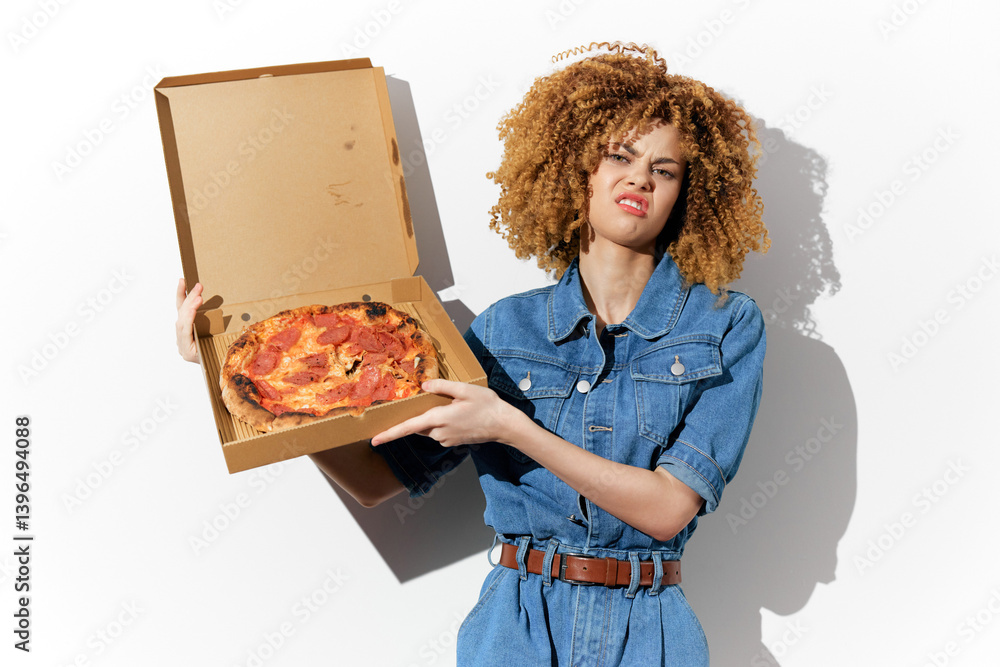 Young woman with curly hair expressing displeasure while holding a pizza box, wearing denim clothing against a bright white background Young woman with curly hair expressing displeasure while holding a pizza box, wearing denim clothing against a bright white background