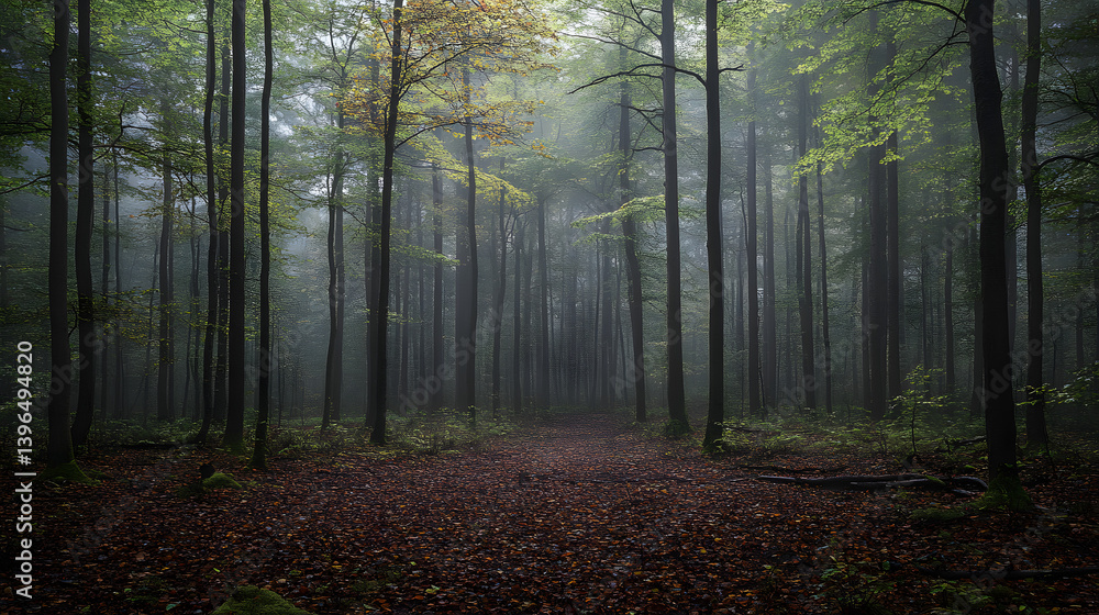 Fototapeta premium forest, trees, tree, fog, autumn, nature, mist, landscape, sun, light, misty, woods, path, wood, green, woodland, foggy, sunlight, morning, leaves, foliage, trail, fall, summer, pine