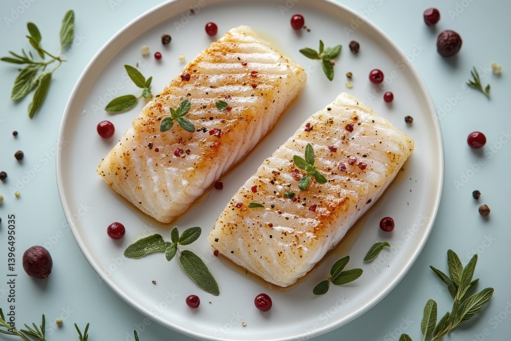 Seared fish fillets on a plate with herbs and berries healthy and delicious meal Seared fish fillets on a plate with herbs and berries healthy and delicious meal