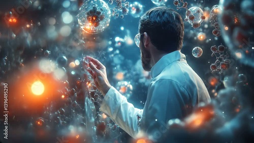 A Scientist Immersed in a Dreamy Atmosphere Surrounded by Intricate Molecular Structures That Inspire Creativity