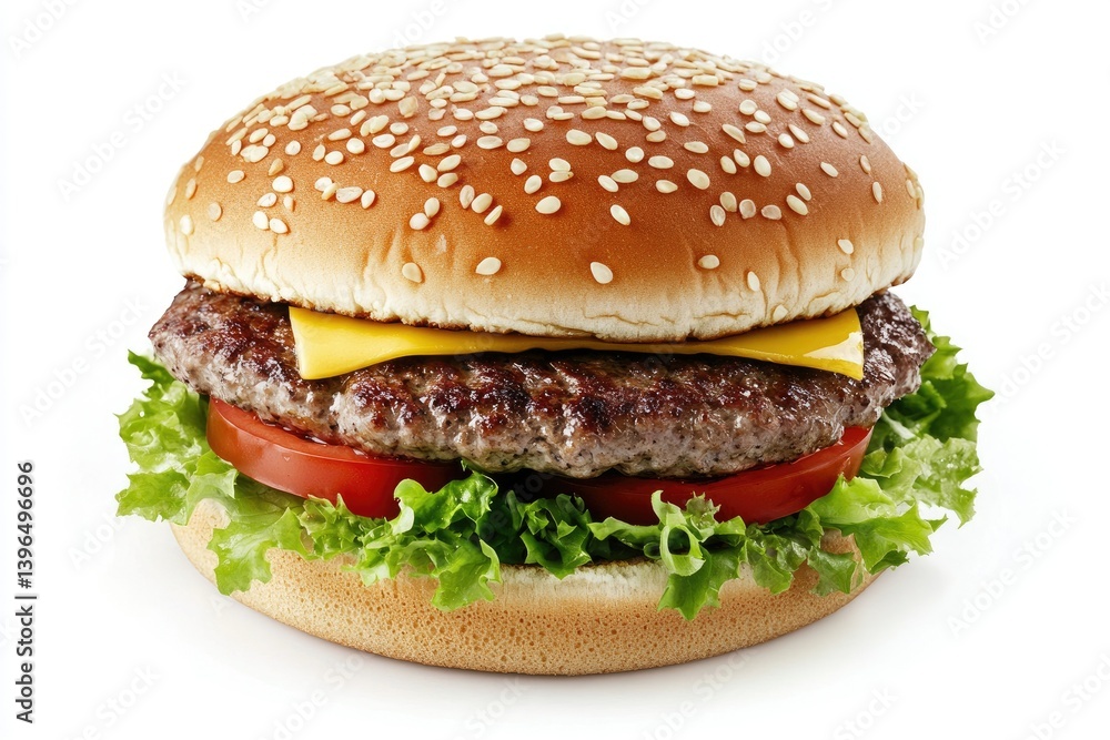 Delicious Hamburger with Sesame Bun and Fresh Ingredients on White Delicious Hamburger with Sesame Bun and Fresh Ingredients on White