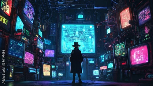 Person in hat stands surrounded by many glowing screens in a dark room.