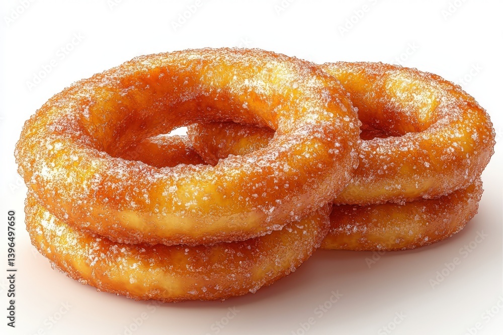 Three golden, sugar-coated rings of fried dough Three golden, sugar-coated rings of fried dough