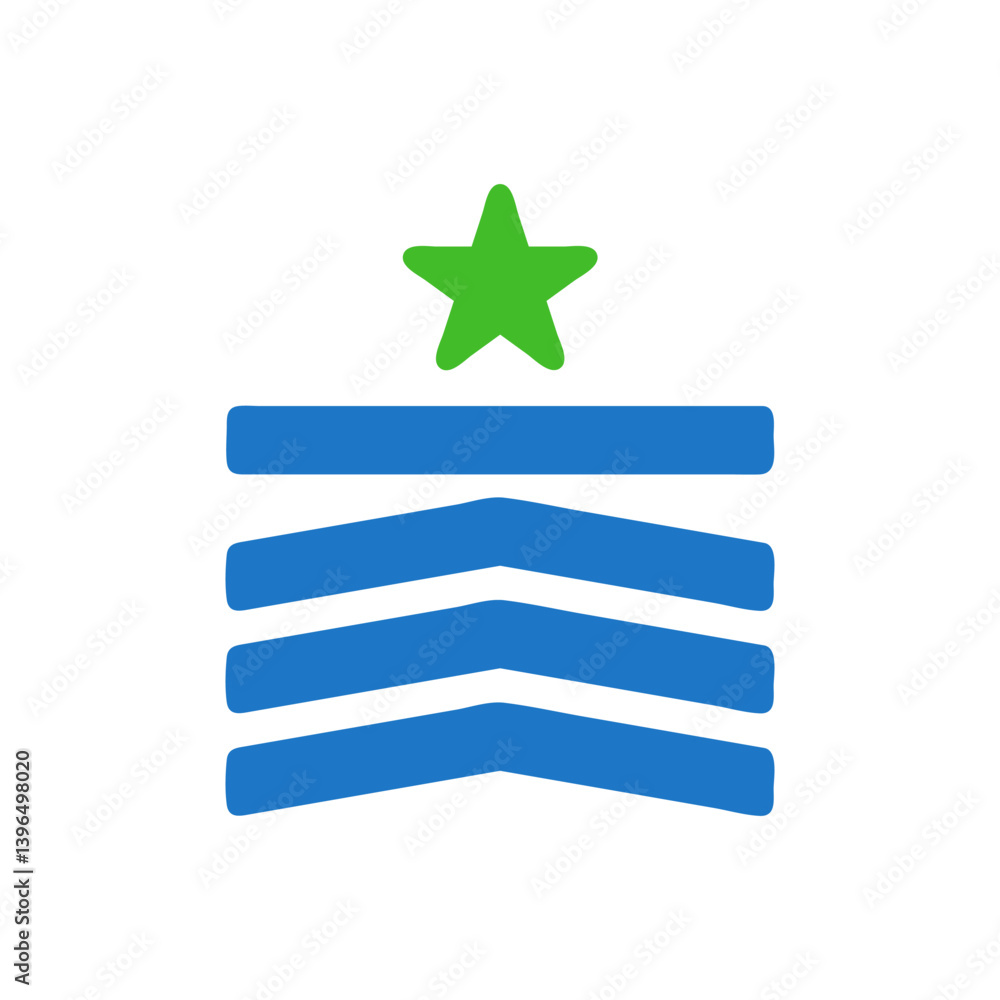 Blue Chevron Bars with a Green Star on a White Blue Chevron Bars with a Green Star on a White