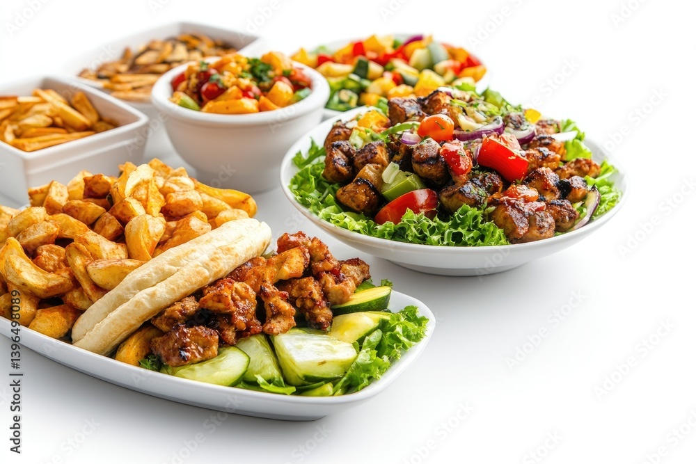 Serving Variety of Food with Salad, Fries and Grilled Meat Serving Variety of Food with Salad, Fries and Grilled Meat