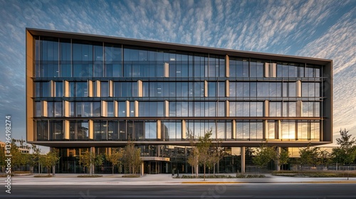 Wallpaper Mural A sleek, modern office building with extensive glass windows reflects the dramatic sunset sky, showcasing contemporary architectural design and clean lines. Torontodigital.ca