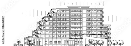 silhouette design vector illustration sketch drawing architecture construction The facades of the building hotel apartment with classic vintage ethnic modern minimalist style