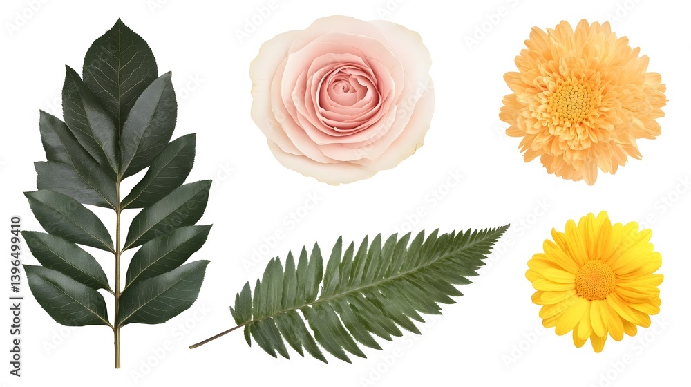 Obraz premium Elegant Display of Four Flowers with Long Leaves on White Background