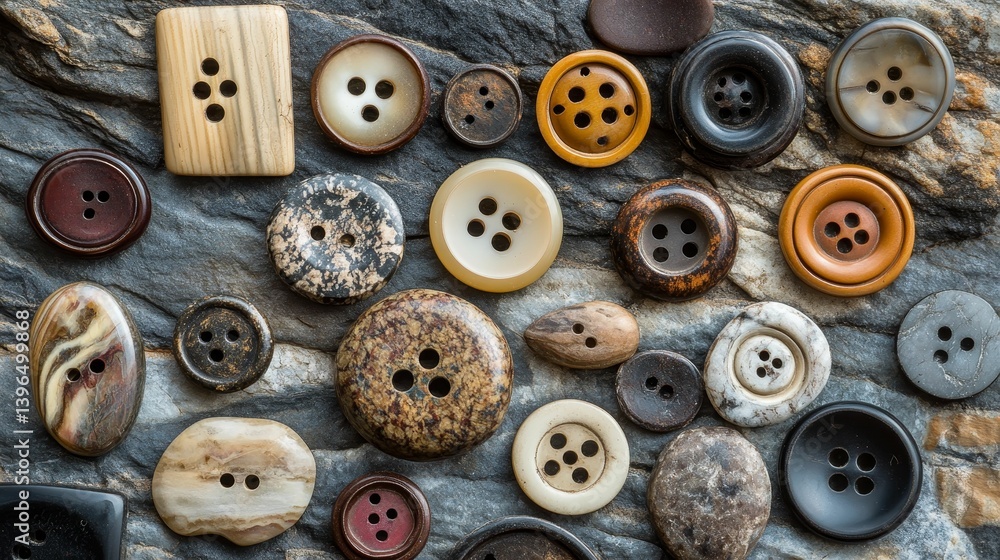 Fototapeta premium Assortment of various buttons displayed on a textured stone surface.