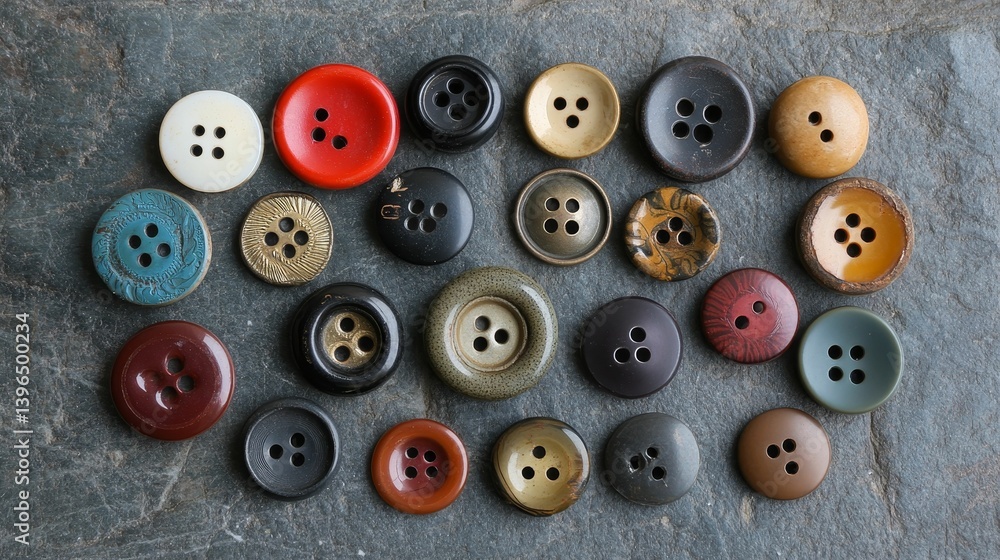 Various colorful round buttons with holes arranged on a textured gray surface.